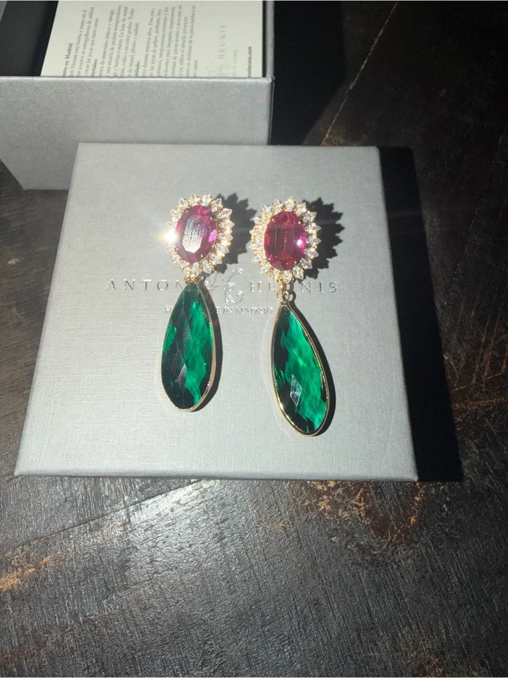 Gold-Tone Drop Earrings with Fuchsia and Emerald Crystals